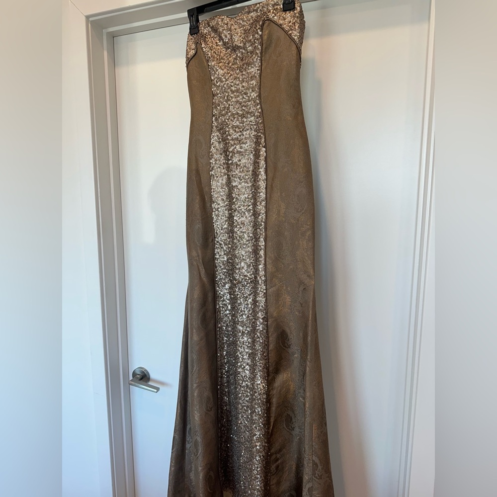 Theia Gold and Brown Sequined Gown